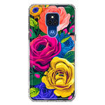 Motorola Moto G Play 2021 Vintage Pastel Abstract Colorful Pink Yellow Blue Roses Double Layer Phone Case Cover