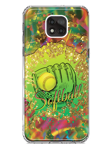 Motorola Moto G Power 2021 Love Softball Girls Glove Green Tie Dye Swirl Paint Hybrid Protective Phone Case Cover