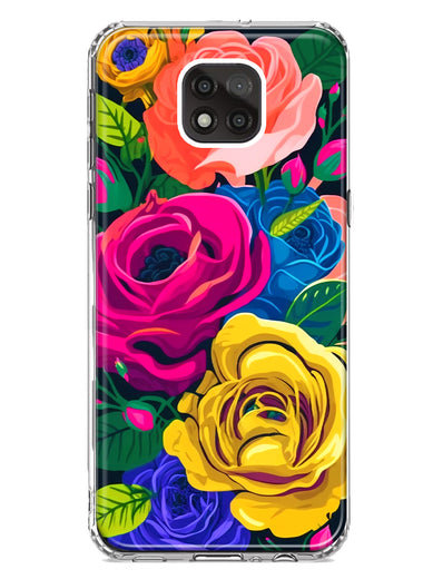 Motorola Moto G Power 2021 Vintage Pastel Abstract Colorful Pink Yellow Blue Roses Double Layer Phone Case Cover