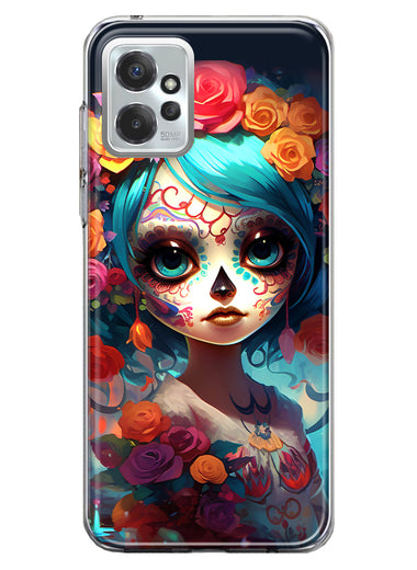 Motorola Moto G Power 2023 Halloween Spooky Colorful Day of the Dead Skull Girl Hybrid Protective Phone Case Cover