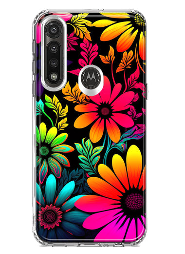 Motorola Moto G Power Neon Rainbow Glow Colorful Abstract Flowers Floral Hybrid Protective Phone Case Cover