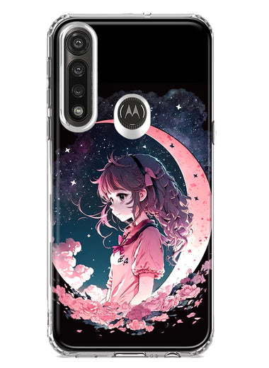 Motorola Moto G Power Kawaii Manga Pink Cherry Blossom Dreaming Moon Girl Hybrid Protective Phone Case Cover