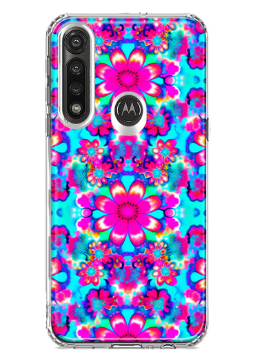 Motorola Moto G Power Pink Blue Vintage Hippie Tie Dye Flowers Hybrid Protective Phone Case Cover