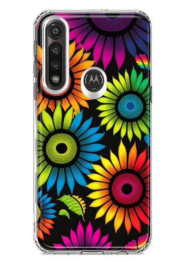 Motorola Moto G Power Neon Rainbow Glow Sunflowers Colorful Floral Pink Purple Double Layer Phone Case Cover