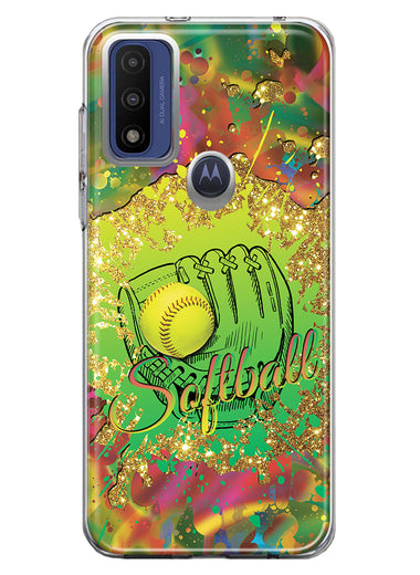 Motorola Moto G Pure 2021 G Power 2022 Love Softball Girls Glove Green Tie Dye Swirl Paint Hybrid Protective Phone Case Cover