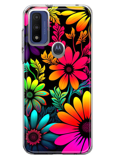 Motorola Moto G Play 2023 Neon Rainbow Glow Colorful Abstract Flowers Floral Hybrid Protective Phone Case Cover