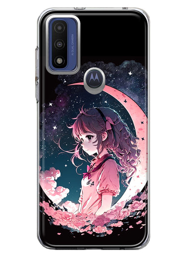 Motorola Moto G Pure G Power 2022 Kawaii Manga Pink Cherry Blossom Dreaming Moon Girl Hybrid Protective Phone Case Cover