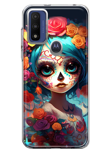 Motorola Moto G Play 2023 Halloween Spooky Colorful Day of the Dead Skull Girl Hybrid Protective Phone Case Cover