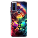 Motorola Moto G Pure G Power 2022 Neon Rainbow Galaxy Cat Hybrid Protective Phone Case Cover
