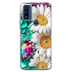 Motorola Moto G Pure Colorful Crystal White Daisies Rainbow Gems Teal Double Layer Phone Case Cover