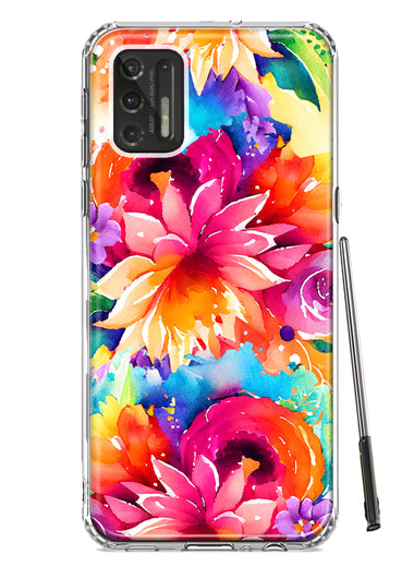 Motorola Moto G Stylus 4G 2021 Watercolor Paint Summer Rainbow Flowers Bouquet Bloom Floral Hybrid Protective Phone Case Cover