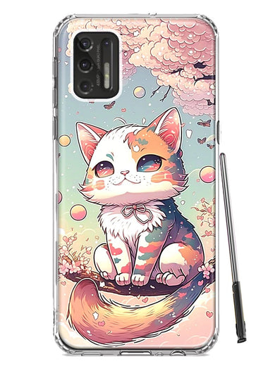 Motorola Moto G Stylus 4G 2021 Kawaii Manga Pink Cherry Blossom Cute Cat Hybrid Protective Phone Case Cover