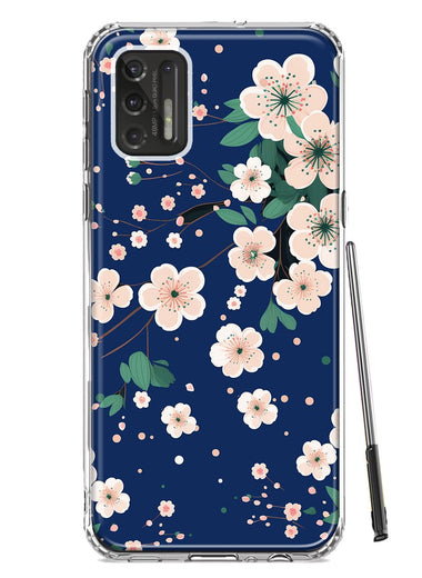 Motorola Moto G Stylus 4G 2021 Kawaii Japanese Pink Cherry Blossom Navy Blue Hybrid Protective Phone Case Cover