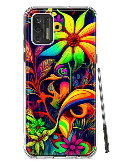 Motorola Moto G Stylus 4G 2021 Neon Rainbow Psychedelic Trippy Hippie Daisy Flowers Hybrid Protective Phone Case Cover