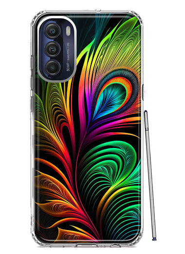 Motorola Moto G Stylus 4G 2022 Neon Rainbow Glow Peacock Feather Hybrid Protective Phone Case Cover