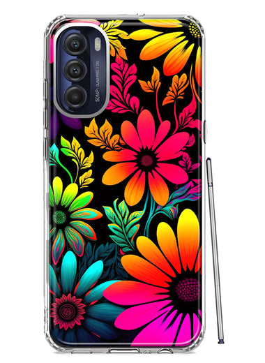 Motorola Moto G Stylus 5G 2022 Neon Rainbow Glow Colorful Abstract Flowers Floral Hybrid Protective Phone Case Cover