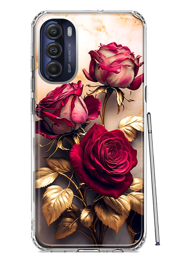 Motorola Moto G Stylus 4G 2022 Romantic Elegant Gold Marble Red Roses Double Layer Phone Case Cover