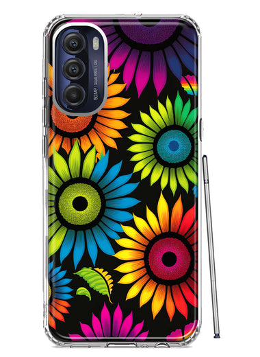 Motorola Moto G Stylus 5G 2022 Neon Rainbow Glow Sunflowers Colorful Floral Pink Purple Double Layer Phone Case Cover