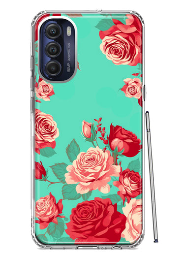 Motorola Moto G Stylus 5G 2022 Turquoise Teal Vintage Pastel Pink Red Roses Double Layer Phone Case Cover