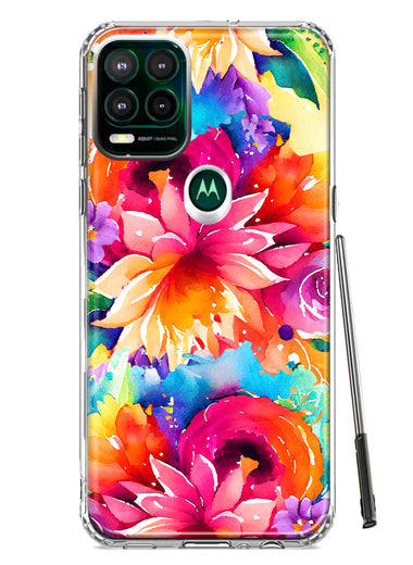 Motorola Moto G Stylus 5G 2021 Watercolor Paint Summer Rainbow Flowers Bouquet Bloom Floral Hybrid Protective Phone Case Cover