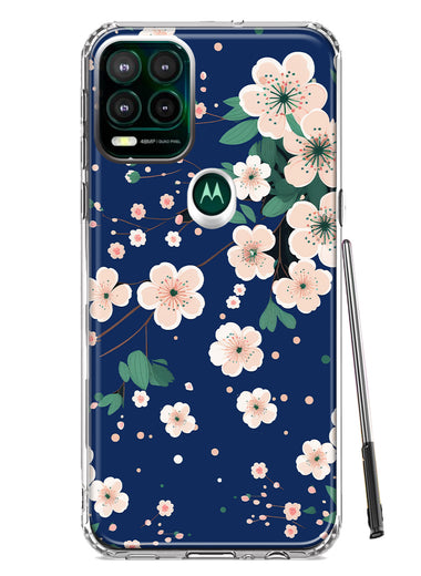 Motorola Moto G Stylus 5G 2021 Kawaii Japanese Pink Cherry Blossom Navy Blue Hybrid Protective Phone Case Cover