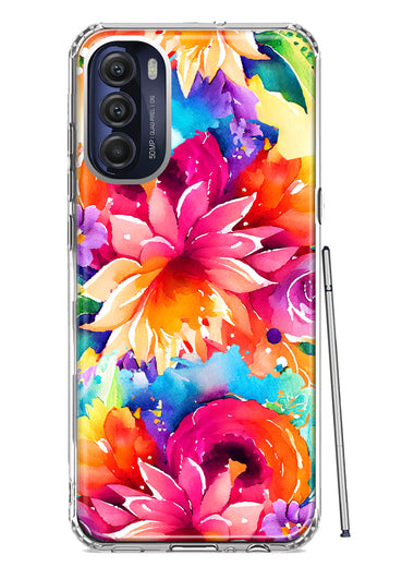 Motorola Moto G Stylus 4G 2022 Watercolor Paint Summer Rainbow Flowers Bouquet Bloom Floral Hybrid Protective Phone Case Cover