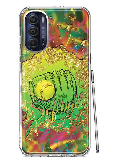 Motorola Moto G Stylus 4G 2022 Love Softball Girls Glove Green Tie Dye Swirl Paint Hybrid Protective Phone Case Cover