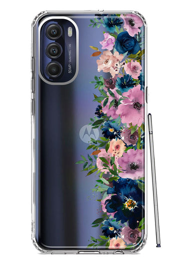 Motorola Moto G Stylus 5G 2022 Navy Blue Summer Watercolor Floral Classic Purple Flowers Hybrid Protective Phone Case Cover