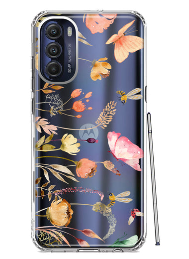 Motorola Moto G Stylus 5G 2022 Peach Meadow Wildflowers Butterflies Bees Watercolor Floral Hybrid Protective Phone Case Cover