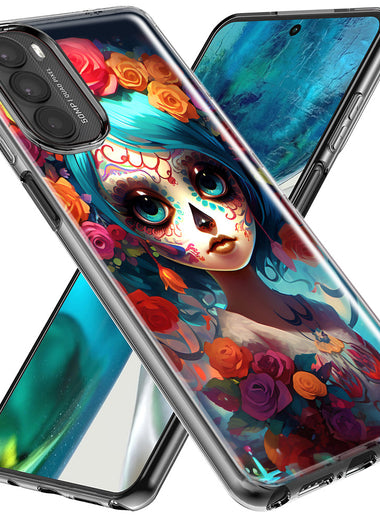 Motorola Moto G Stylus 5G 2023 Halloween Spooky Colorful Day of the Dead Skull Girl Hybrid Protective Phone Case Cover