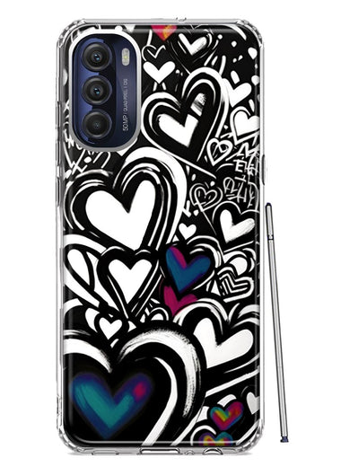 Motorola Moto G Stylus 5G 2022 Black White Hearts Love Graffiti Hybrid Protective Phone Case Cover