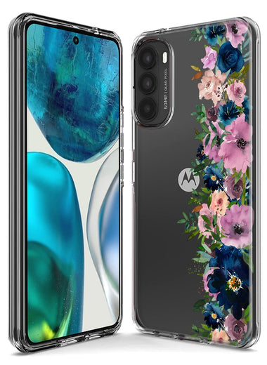 Motorola Moto G Stylus 5G 2022 Navy Blue Summer Watercolor Floral Classic Purple Flowers Hybrid Protective Phone Case Cover