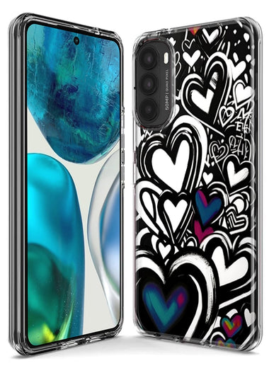 Motorola Moto One 5G Black White Hearts Love Graffiti Hybrid Protective Phone Case Cover