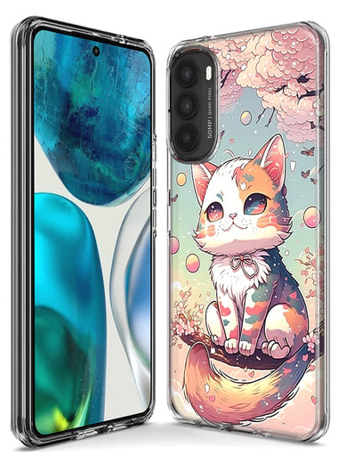 Motorola Moto One 5G Kawaii Manga Pink Cherry Blossom Cute Cat Hybrid Protective Phone Case Cover
