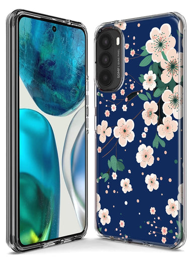 Motorola Moto One 5G Kawaii Japanese Pink Cherry Blossom Navy Blue Hybrid Protective Phone Case Cover