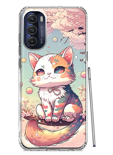Motorola Moto G Stylus 5G 2022 Kawaii Manga Pink Cherry Blossom Cute Cat Hybrid Protective Phone Case Cover