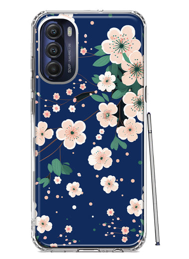 Motorola Moto G Stylus 5G 2022 Kawaii Japanese Pink Cherry Blossom Navy Blue Hybrid Protective Phone Case Cover