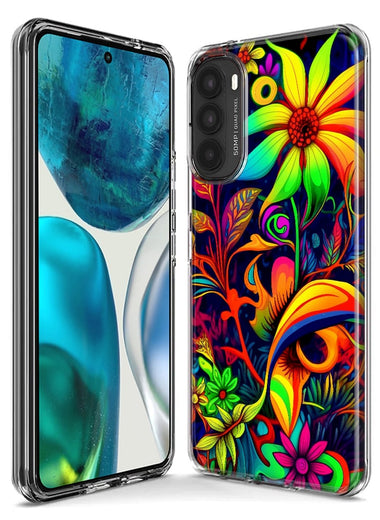 Motorola Moto G Pure 2021 G Power 2022 Neon Rainbow Psychedelic Trippy Hippie Daisy Flowers Hybrid Protective Phone Case Cover