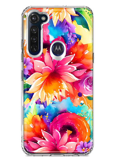 Motorola Moto G Stylus 2020 Watercolor Paint Summer Rainbow Flowers Bouquet Bloom Floral Hybrid Protective Phone Case Cover