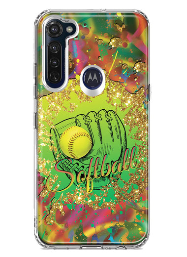 Motorola Moto G Stylus 2020 Love Softball Girls Glove Green Tie Dye Swirl Paint Hybrid Protective Phone Case Cover