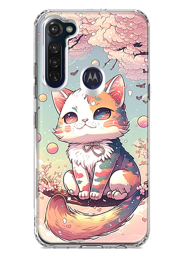 Motorola Moto G Stylus 2020 Kawaii Manga Pink Cherry Blossom Cute Cat Hybrid Protective Phone Case Cover
