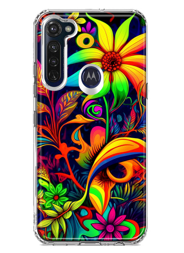 Motorola Moto G Stylus 2020 Neon Rainbow Psychedelic Trippy Hippie Daisy Flowers Hybrid Protective Phone Case Cover