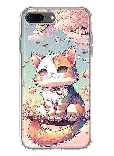Apple iPhone 8 Plus Kawaii Manga Pink Cherry Blossom Cute Cat Hybrid Protective Phone Case Cover