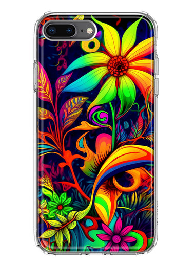 Apple iPhone 8 Plus Neon Rainbow Psychedelic Trippy Hippie Daisy Flowers Hybrid Protective Phone Case Cover