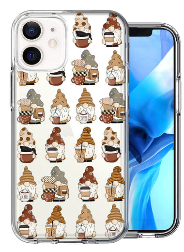 Apple iPhone 12 Mini Cute Morning Coffee Lovers Gnomes Characters Drip Iced Latte Americano Espresso Brown Double Layer Phone Case Cover