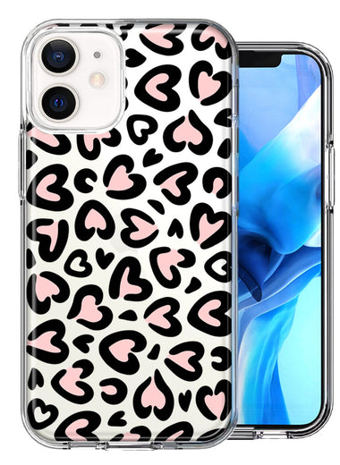 Apple iPhone 12 Mini Cute Pink Leopard Print Hearts Valentines Day Love Double Layer Phone Case Cover