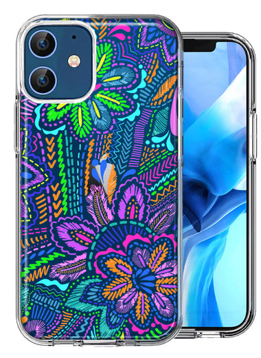 Apple iPhone 12 Colorful Summer Flowers Doodle Art Design Double Layer Phone Case Cover