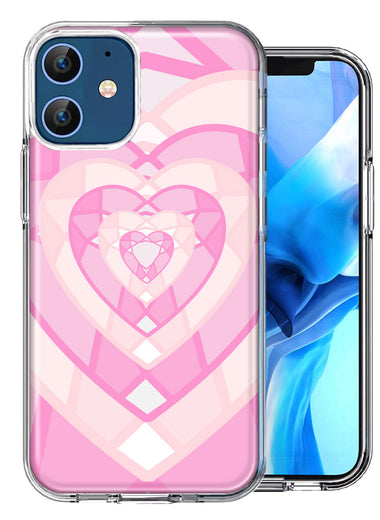 Apple iPhone 12 Pink Gem Hearts Design Double Layer Phone Case Cover