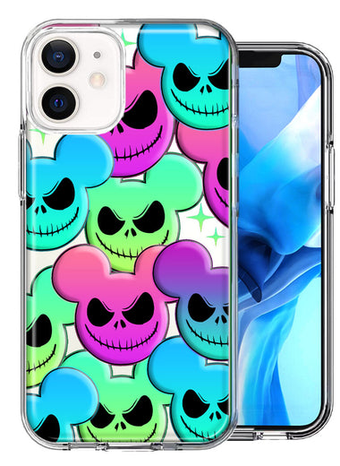 Apple iPhone 12 Mini Bright Rainbow Nightmare Skulls Spooky Season Halloween Design Double Layer Phone Case Cover