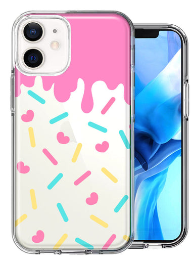 Apple iPhone 12 Mini Pink Drip Frosting Cute Heart Sprinkles Kawaii Cake Design Double Layer Phone Case Cover